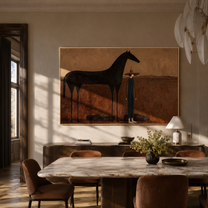 The Quiet Woman Returns beside the Black Horse - woman and black horse painting by Isabelle Laurent, modern Western horizontal wall art – styled room scene view 2