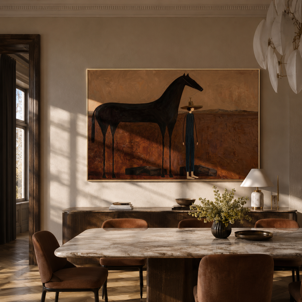 The Quiet Woman Returns beside the Black Horse - woman and black horse painting by Isabelle Laurent, modern Western horizontal wall art – styled room scene view 2
