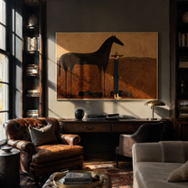 The Quiet Woman Returns beside the Black Horse - woman and black horse painting by Isabelle Laurent, modern Western horizontal wall art – styled room scene view 3