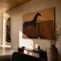 The Quiet Woman Returns beside the Black Horse - woman and black horse painting by Isabelle Laurent, modern Western horizontal wall art – styled room scene view 4