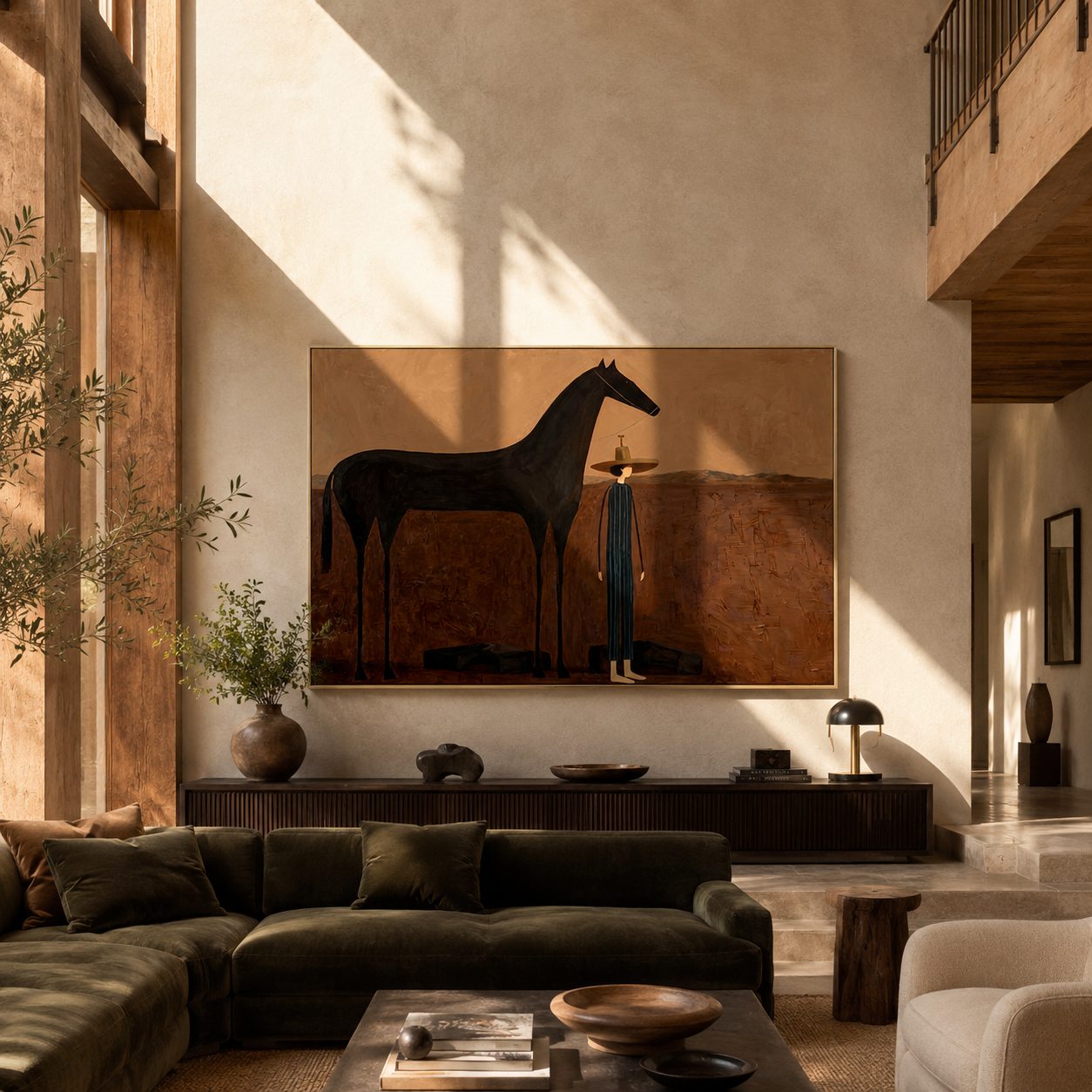 The Quiet Woman Returns beside the Black Horse - woman and black horse painting by Isabelle Laurent, modern Western horizontal wall art – styled room scene view 5