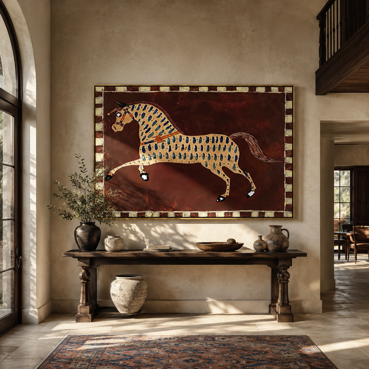 Blue Teardrops Follow the Running Horse - patterned running horse painting by Isabelle Laurent, modern Western horizontal wall art – styled room scene view 1