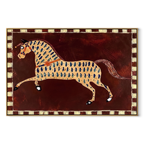 Blue Teardrops Follow the Running Horse - patterned running horse painting by Isabelle Laurent, modern Western horizontal wall art – wood frame on white background