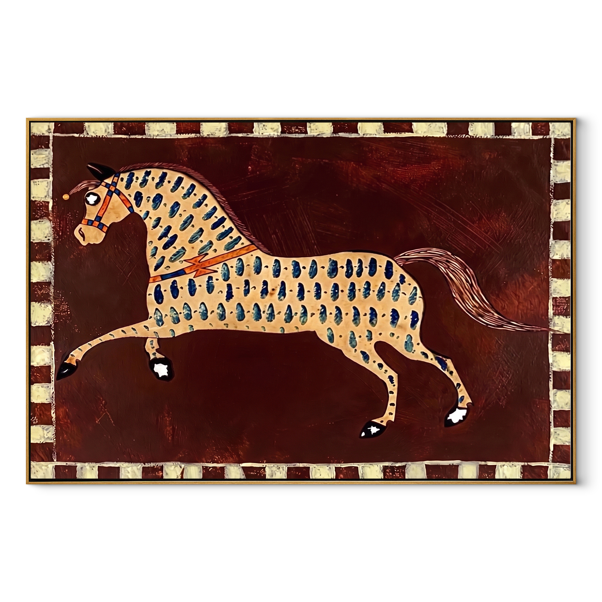 Blue Teardrops Follow the Running Horse - patterned running horse painting by Isabelle Laurent, modern Western horizontal wall art – wood frame on white background