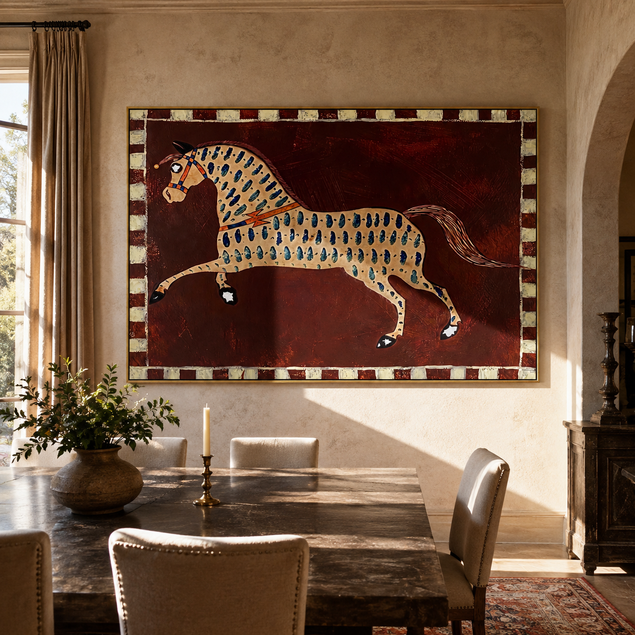 Blue Teardrops Follow the Running Horse - patterned running horse painting by Isabelle Laurent, modern Western horizontal wall art – styled room scene view 2