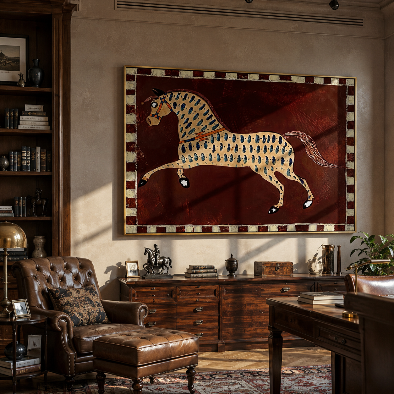 Blue Teardrops Follow the Running Horse - patterned running horse painting by Isabelle Laurent, modern Western horizontal wall art – styled room scene view 3