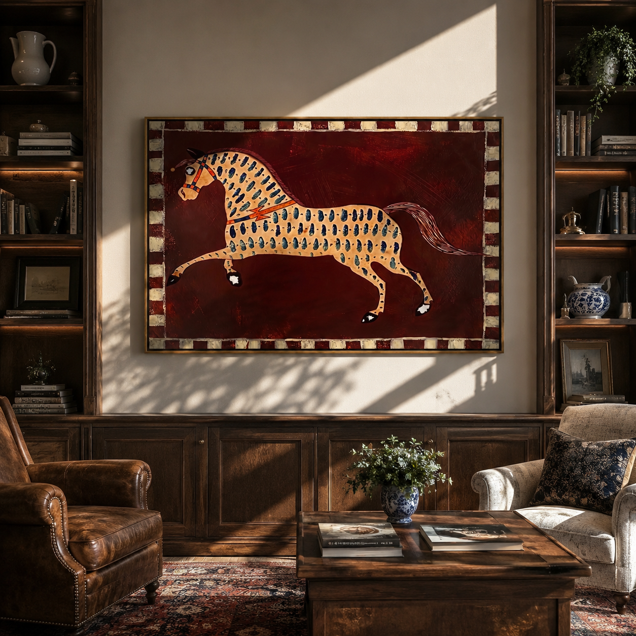 Blue Teardrops Follow the Running Horse - patterned running horse painting by Isabelle Laurent, modern Western horizontal wall art – styled room scene view 4