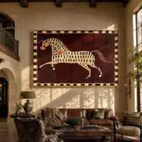 Blue Teardrops Follow the Running Horse - patterned running horse painting by Isabelle Laurent, modern Western horizontal wall art – styled room scene view 5