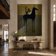 Blue Drapery Rests above the Black Horse - draped horse figure painting by Isabelle Laurent, modern Western vertical wall art – styled room scene view 1