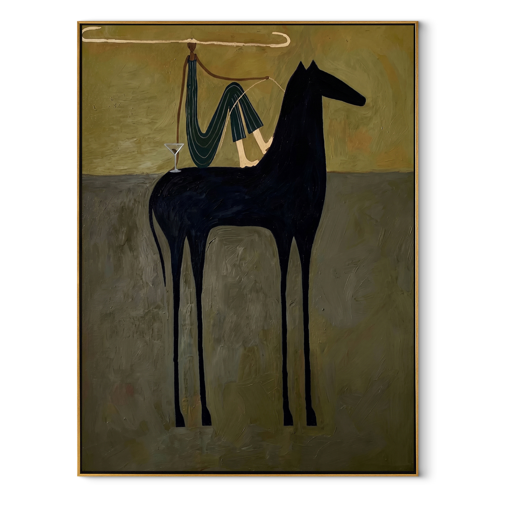 Blue Drapery Rests above the Black Horse - draped horse figure painting by Isabelle Laurent, modern Western vertical wall art – wood frame on white background