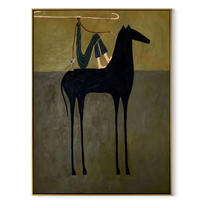 Blue Drapery Rests above the Black Horse - draped horse figure painting by Isabelle Laurent, modern Western vertical wall art – wood frame on white background