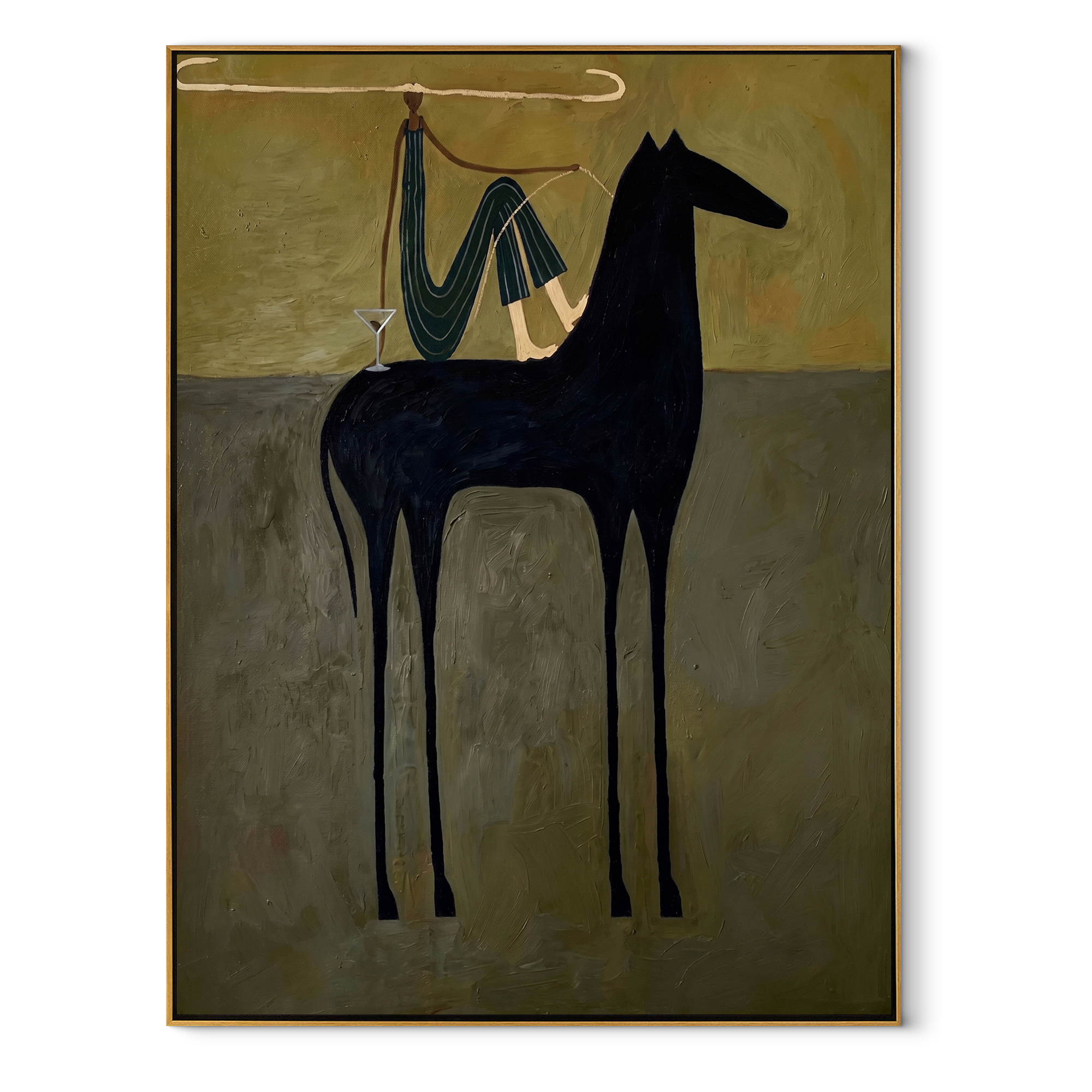 Blue Drapery Rests above the Black Horse - draped horse figure painting by Isabelle Laurent, modern Western vertical wall art – wood frame on white background