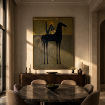 Blue Drapery Rests above the Black Horse - draped horse figure painting by Isabelle Laurent, modern Western vertical wall art – styled room scene view 2