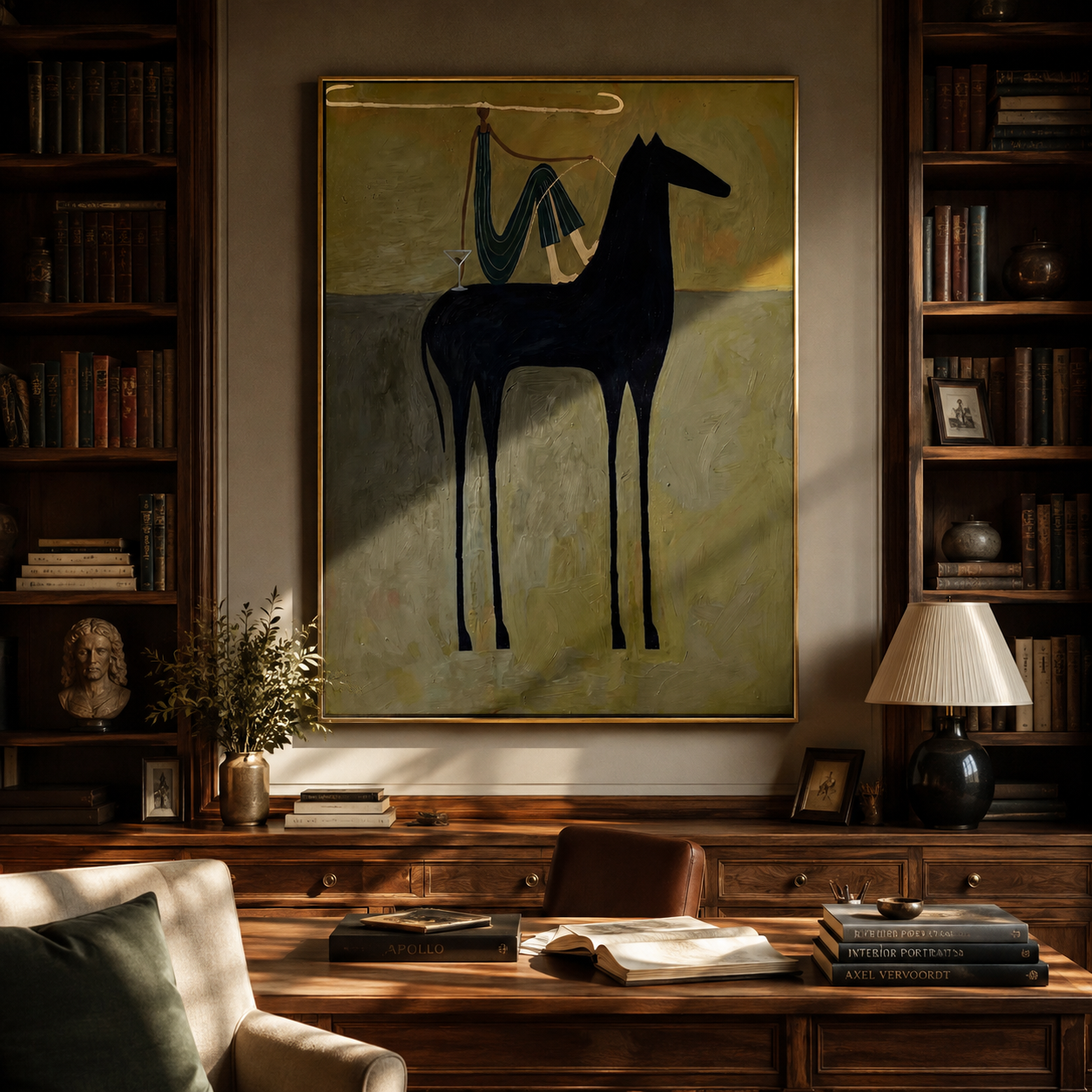 Blue Drapery Rests above the Black Horse - draped horse figure painting by Isabelle Laurent, modern Western vertical wall art – styled room scene view 3