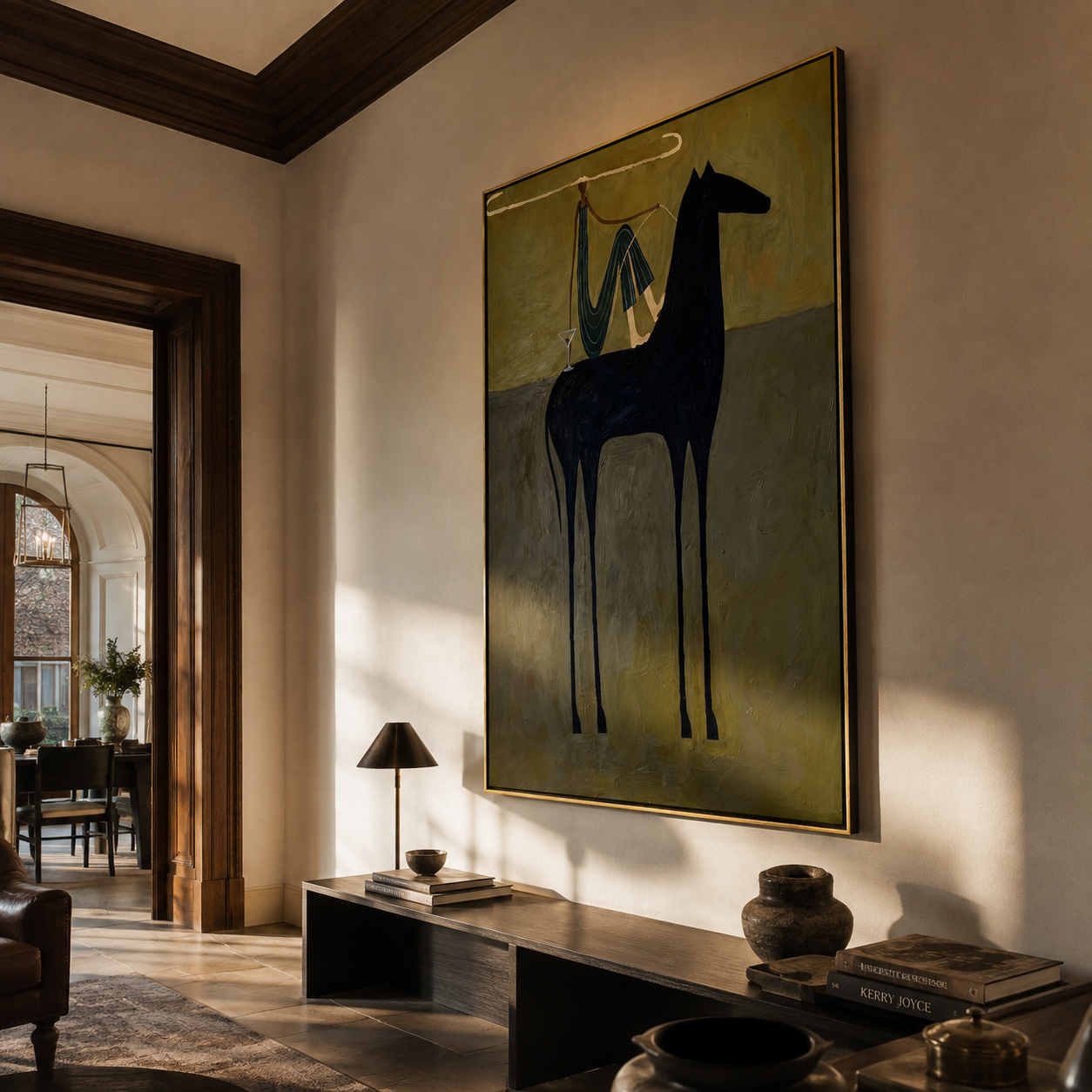 Blue Drapery Rests above the Black Horse - draped horse figure painting by Isabelle Laurent, modern Western vertical wall art – styled room scene view 4