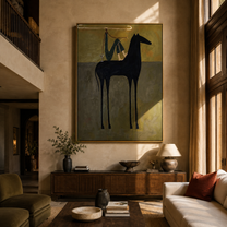 Blue Drapery Rests above the Black Horse - draped horse figure painting by Isabelle Laurent, modern Western vertical wall art – styled room scene view 5