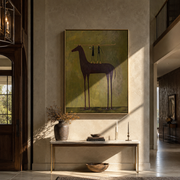 Two Figures Hold the Purple Horse - horse and two figures painting by Isabelle Laurent, modern Western vertical wall art – styled room scene view 1