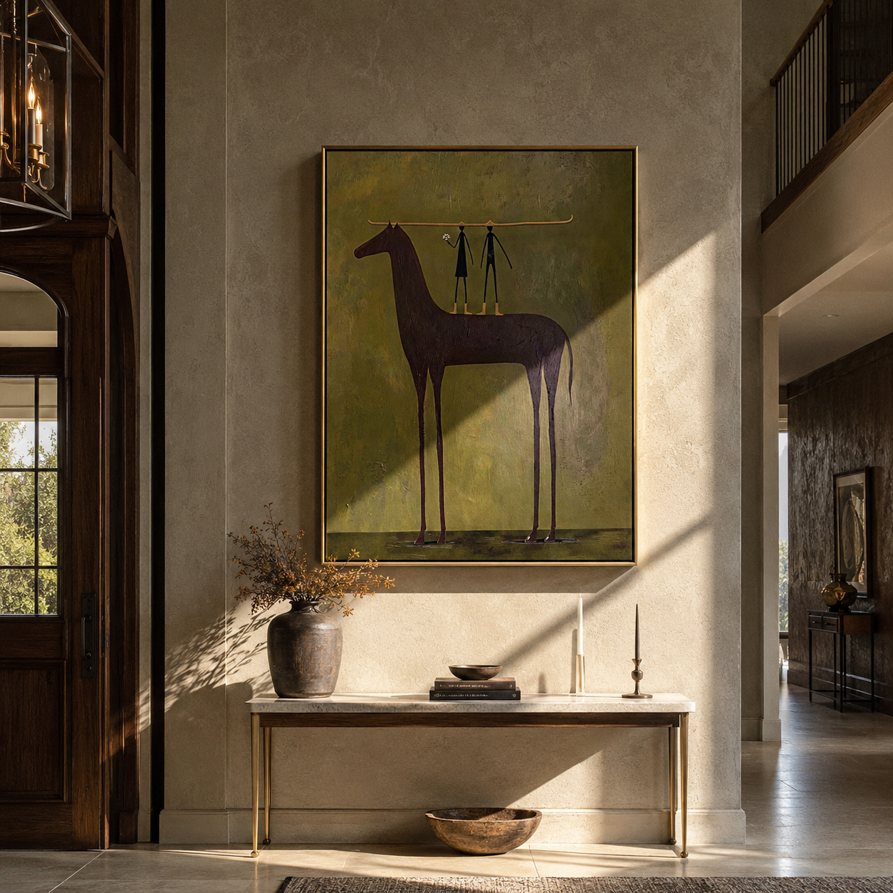 Two Figures Hold the Purple Horse - horse and two figures painting by Isabelle Laurent, modern Western vertical wall art – styled room scene view 1