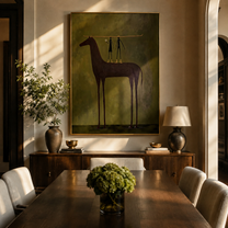 Two Figures Hold the Purple Horse - horse and two figures painting by Isabelle Laurent, modern Western vertical wall art – styled room scene view 2