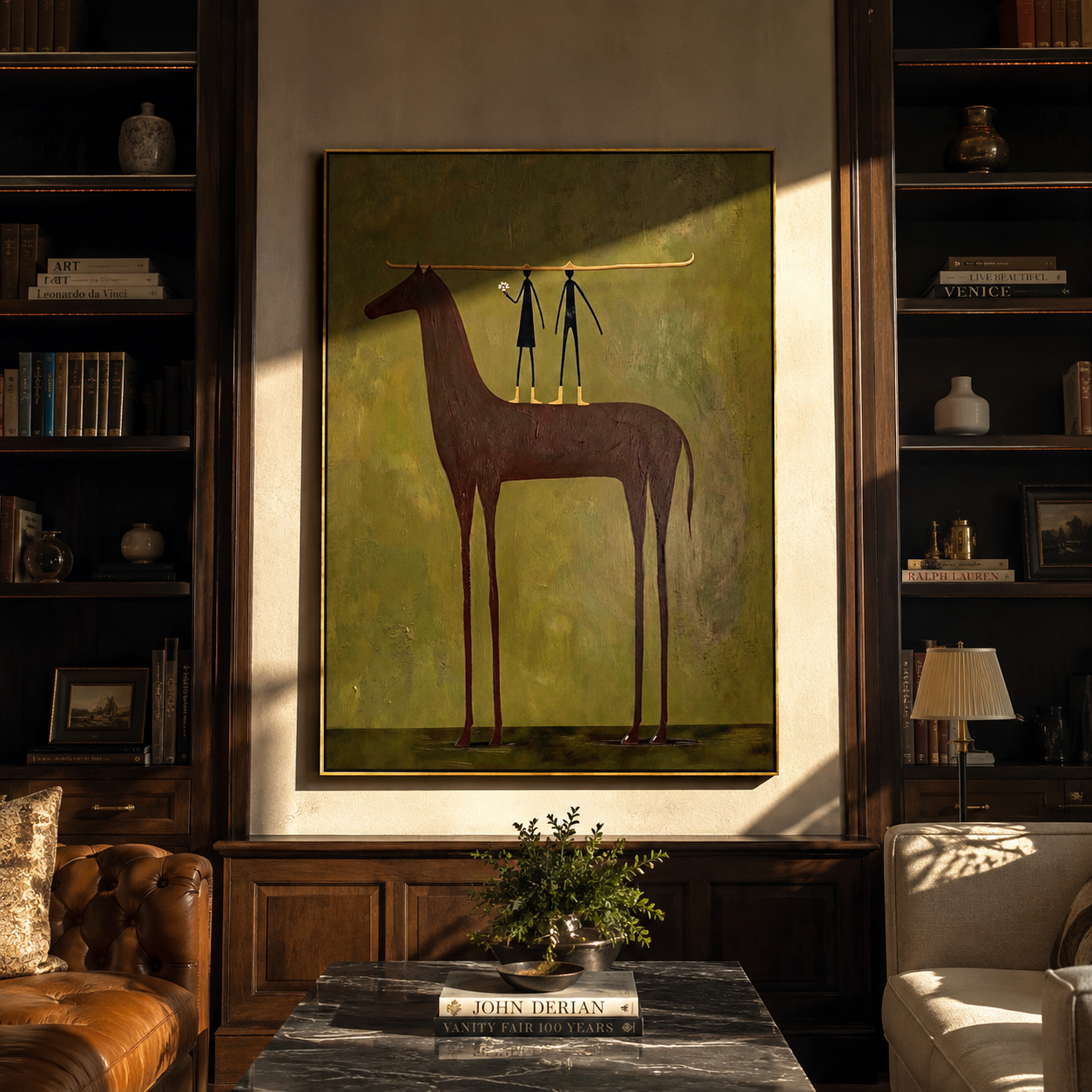 Two Figures Hold the Purple Horse - horse and two figures painting by Isabelle Laurent, modern Western vertical wall art – styled room scene view 3