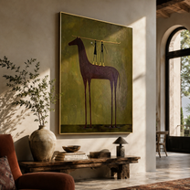 Two Figures Hold the Purple Horse - horse and two figures painting by Isabelle Laurent, modern Western vertical wall art – styled room scene view 4