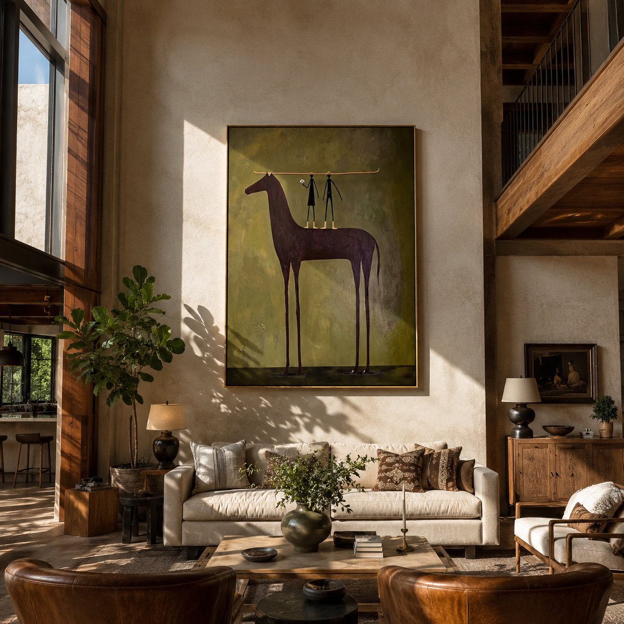 Two Figures Hold the Purple Horse - horse and two figures painting by Isabelle Laurent, modern Western vertical wall art – styled room scene view 5