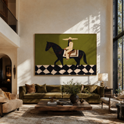 Ivory Tailoring Crosses the Diamond Floor - black horse rider painting by Isabelle Laurent, modern Western horizontal wall art – styled room scene view 1