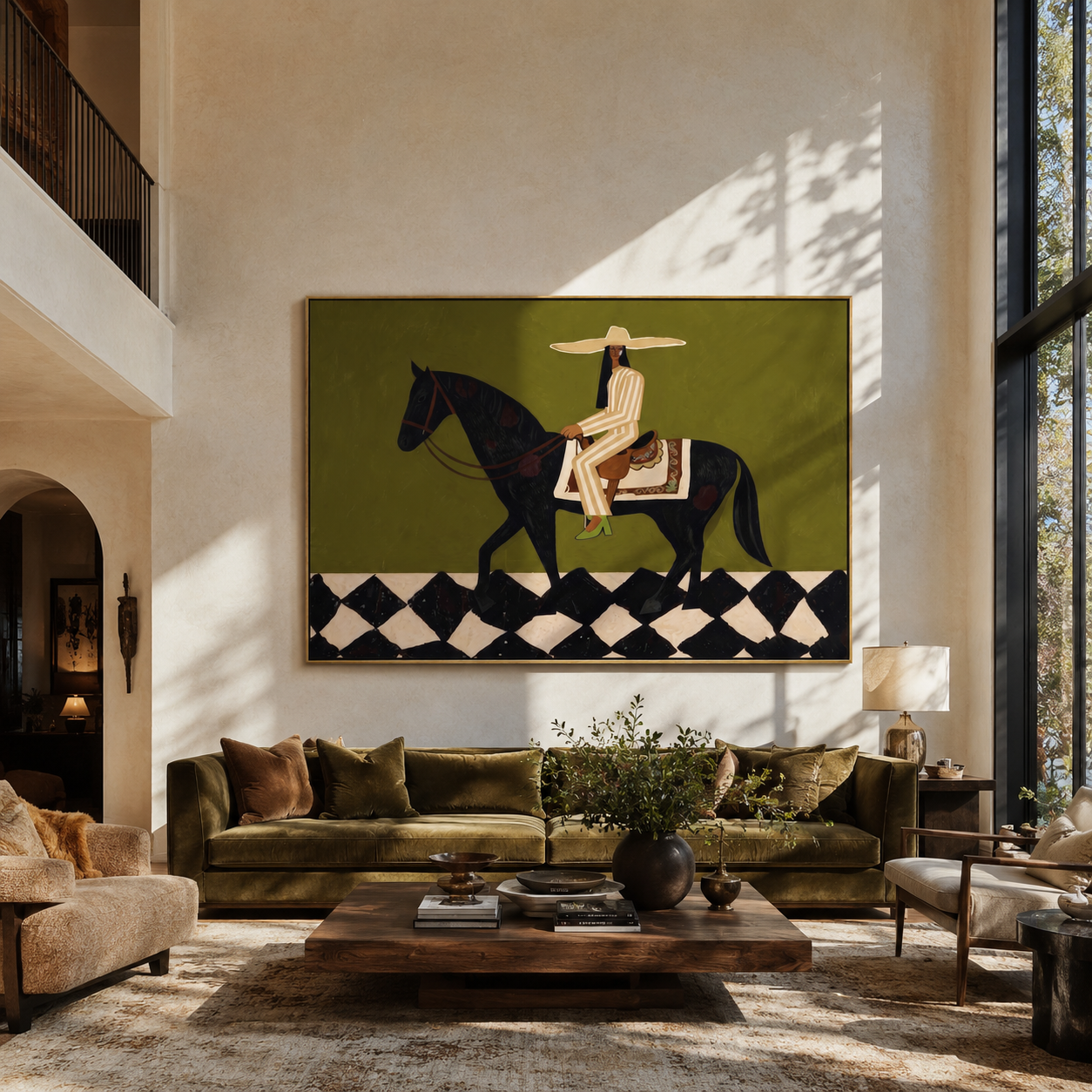 Ivory Tailoring Crosses the Diamond Floor - black horse rider painting by Isabelle Laurent, modern Western horizontal wall art – styled room scene view 1