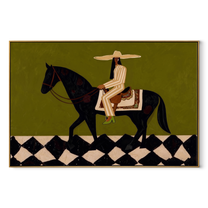 Ivory Tailoring Crosses the Diamond Floor - black horse rider painting by Isabelle Laurent, modern Western horizontal wall art – wood frame on white background