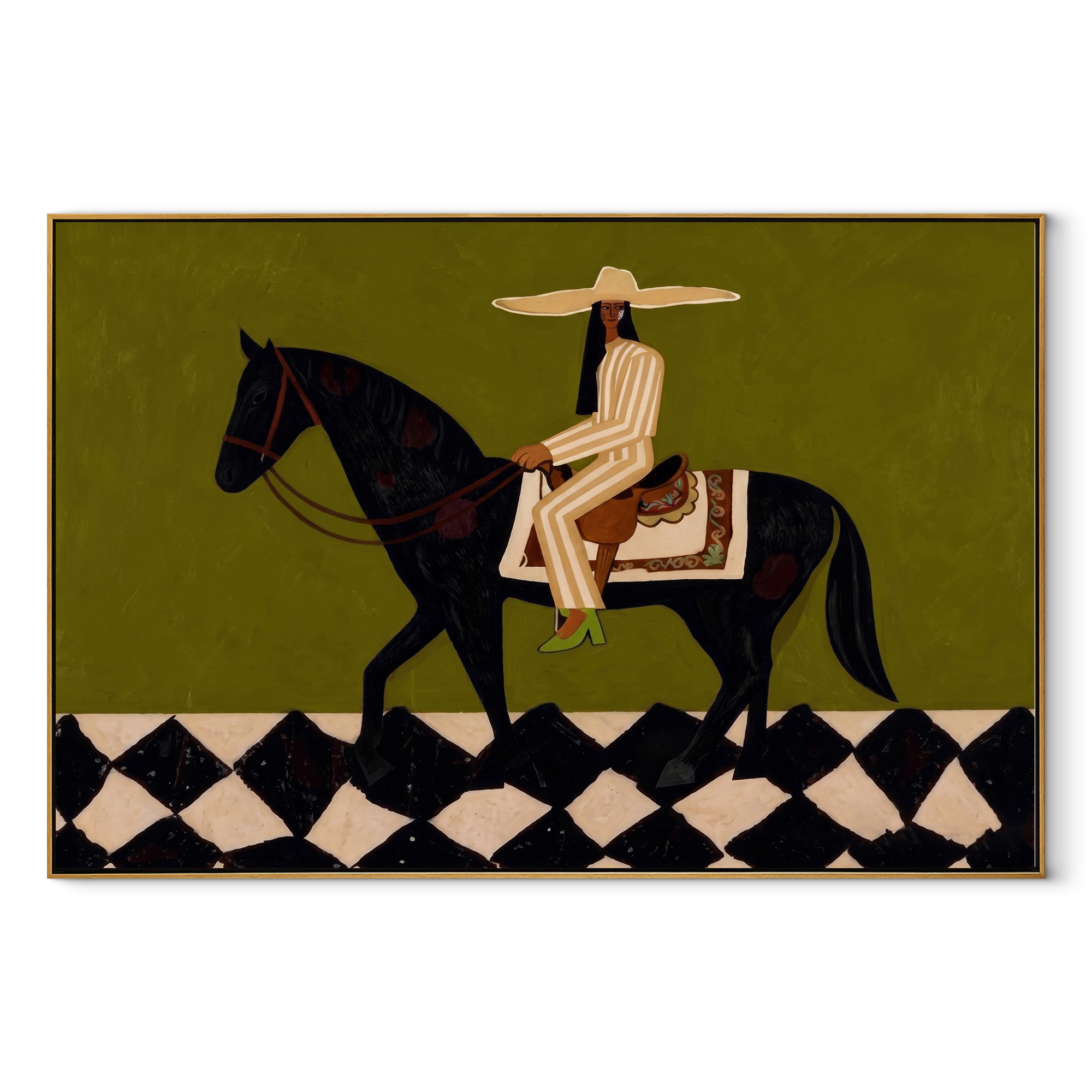 Ivory Tailoring Crosses the Diamond Floor - black horse rider painting by Isabelle Laurent, modern Western horizontal wall art – wood frame on white background