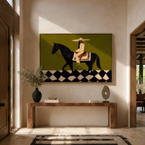 Ivory Tailoring Crosses the Diamond Floor - black horse rider painting by Isabelle Laurent, modern Western horizontal wall art – styled room scene view 2