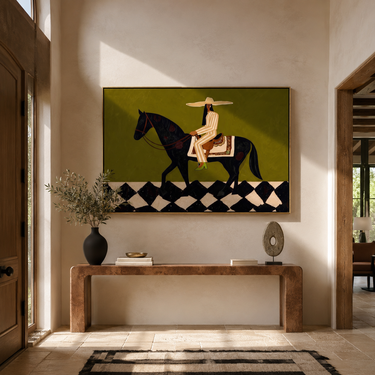Ivory Tailoring Crosses the Diamond Floor - black horse rider painting by Isabelle Laurent, modern Western horizontal wall art – styled room scene view 2