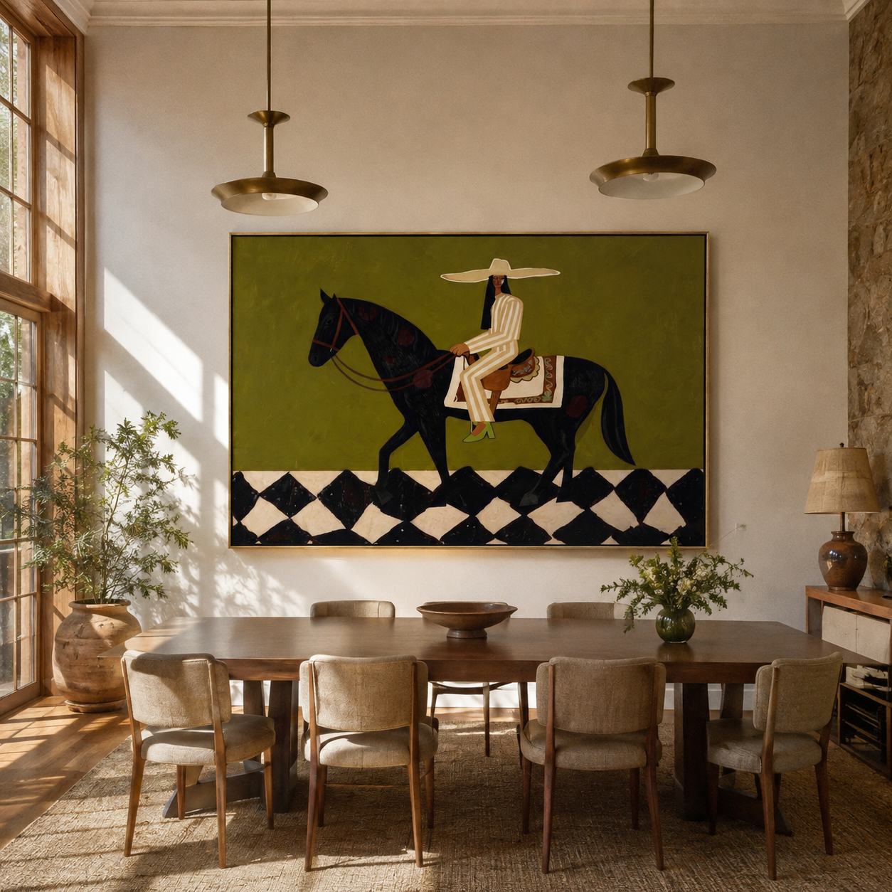 Ivory Tailoring Crosses the Diamond Floor - black horse rider painting by Isabelle Laurent, modern Western horizontal wall art – styled room scene view 3