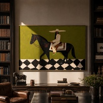 Ivory Tailoring Crosses the Diamond Floor - black horse rider painting by Isabelle Laurent, modern Western horizontal wall art – styled room scene view 4