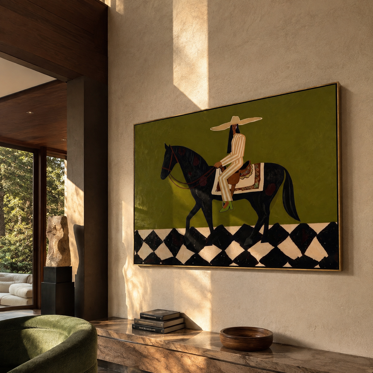 Ivory Tailoring Crosses the Diamond Floor - black horse rider painting by Isabelle Laurent, modern Western horizontal wall art – styled room scene view 5