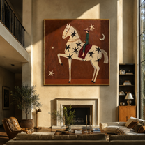 Black Stars Travel with the White Horse - starry white horse rider painting by Isabelle Laurent, modern Western square wall art – styled room scene view 1