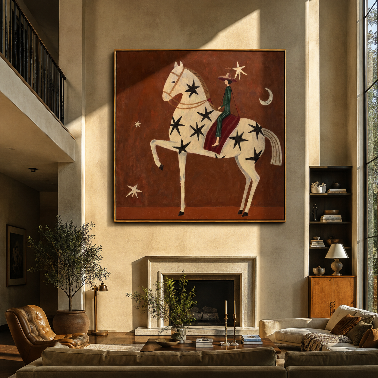 Black Stars Travel with the White Horse - starry white horse rider painting by Isabelle Laurent, modern Western square wall art – styled room scene view 1