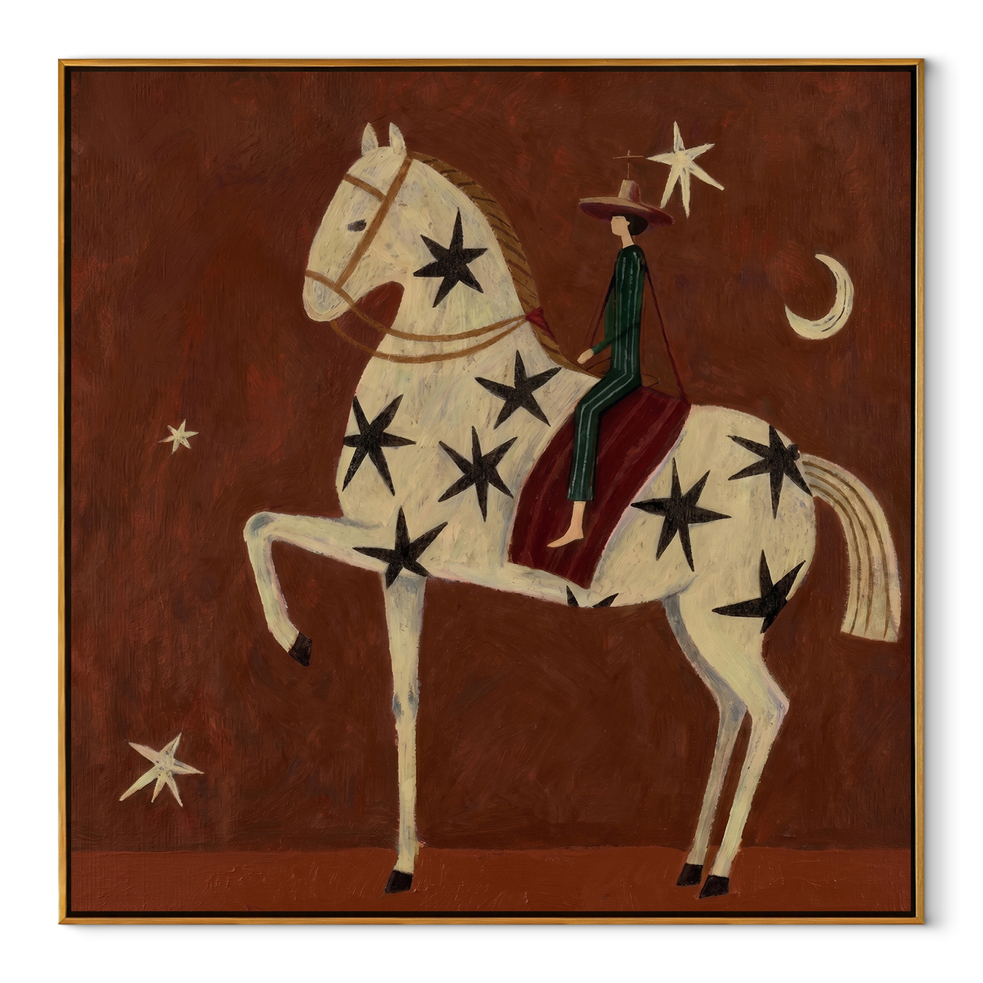 Black Stars Travel with the White Horse - starry white horse rider painting by Isabelle Laurent, modern Western square wall art – wood frame on white background