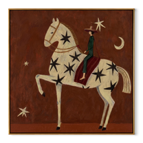Black Stars Travel with the White Horse - starry white horse rider painting by Isabelle Laurent, modern Western square wall art – wood frame on white background