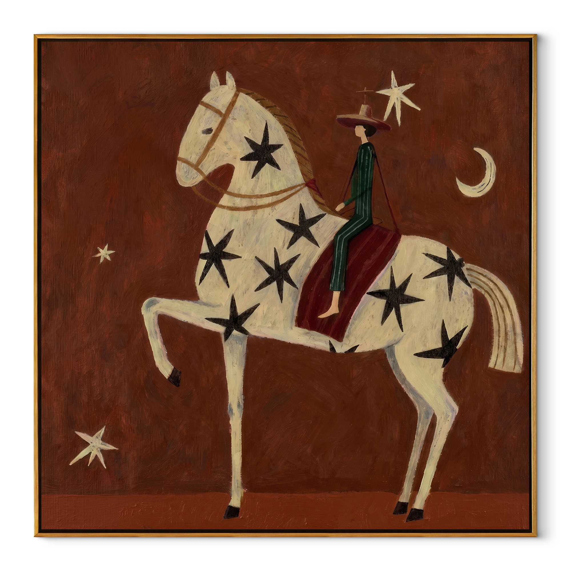 Black Stars Travel with the White Horse - starry white horse rider painting by Isabelle Laurent, modern Western square wall art – wood frame on white background