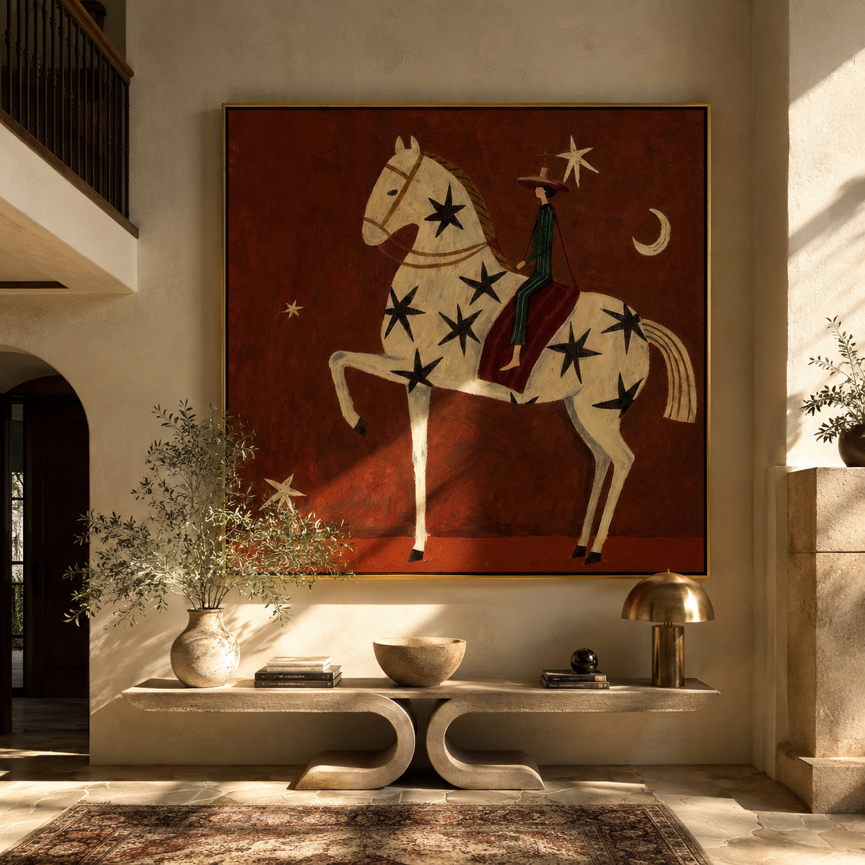 Black Stars Travel with the White Horse - starry white horse rider painting by Isabelle Laurent, modern Western square wall art – styled room scene view 2