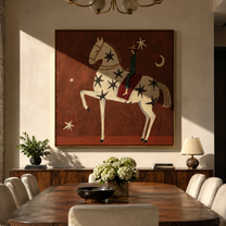 Black Stars Travel with the White Horse - starry white horse rider painting by Isabelle Laurent, modern Western square wall art – styled room scene view 3
