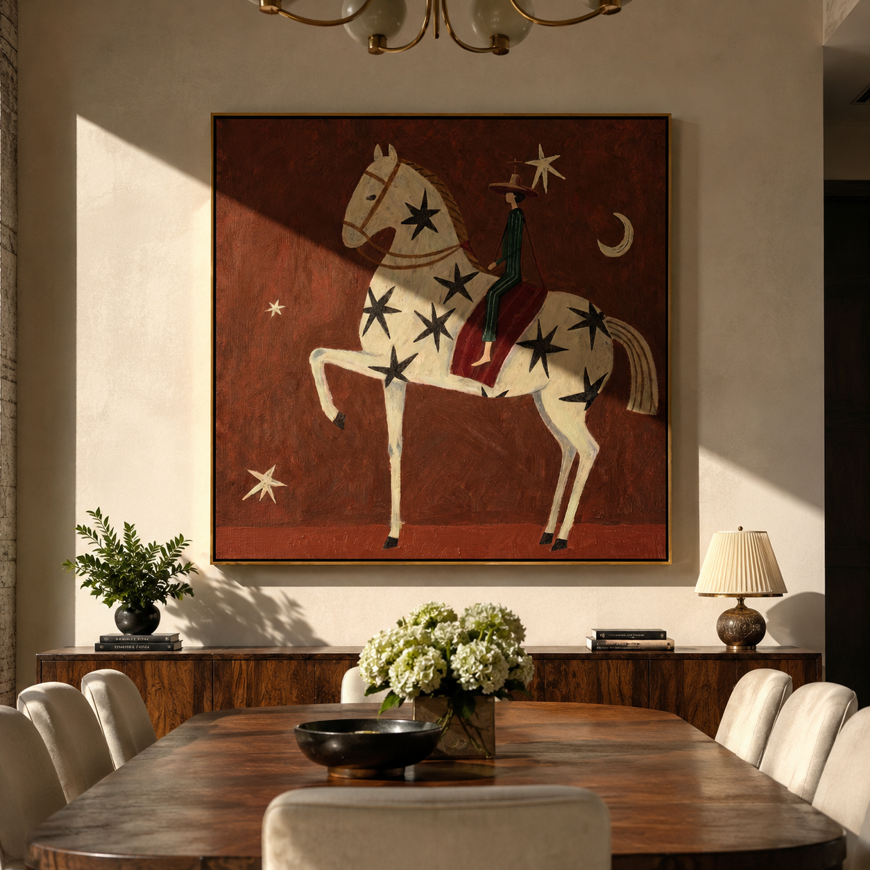 Black Stars Travel with the White Horse - starry white horse rider painting by Isabelle Laurent, modern Western square wall art – styled room scene view 3