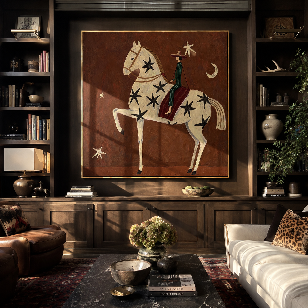 Black Stars Travel with the White Horse - starry white horse rider painting by Isabelle Laurent, modern Western square wall art – styled room scene view 4