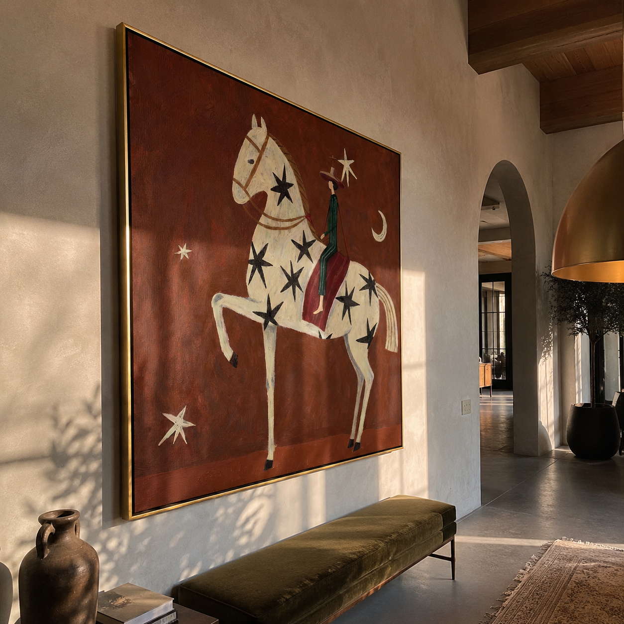 Black Stars Travel with the White Horse - starry white horse rider painting by Isabelle Laurent, modern Western square wall art – styled room scene view 5