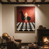 Red Boots Cross Checks - black horse and figure painting by Isabelle Laurent, modern Western vertical wall art – styled room scene view 1