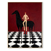 Red Boots Cross Checks - black horse and figure painting by Isabelle Laurent, modern Western vertical wall art – wood frame on white background