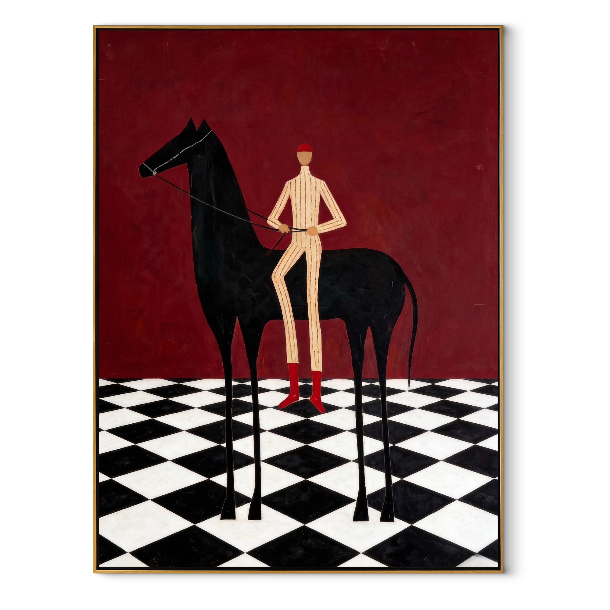 Red Boots Cross Checks - black horse and figure painting by Isabelle Laurent, modern Western vertical wall art – wood frame on white background