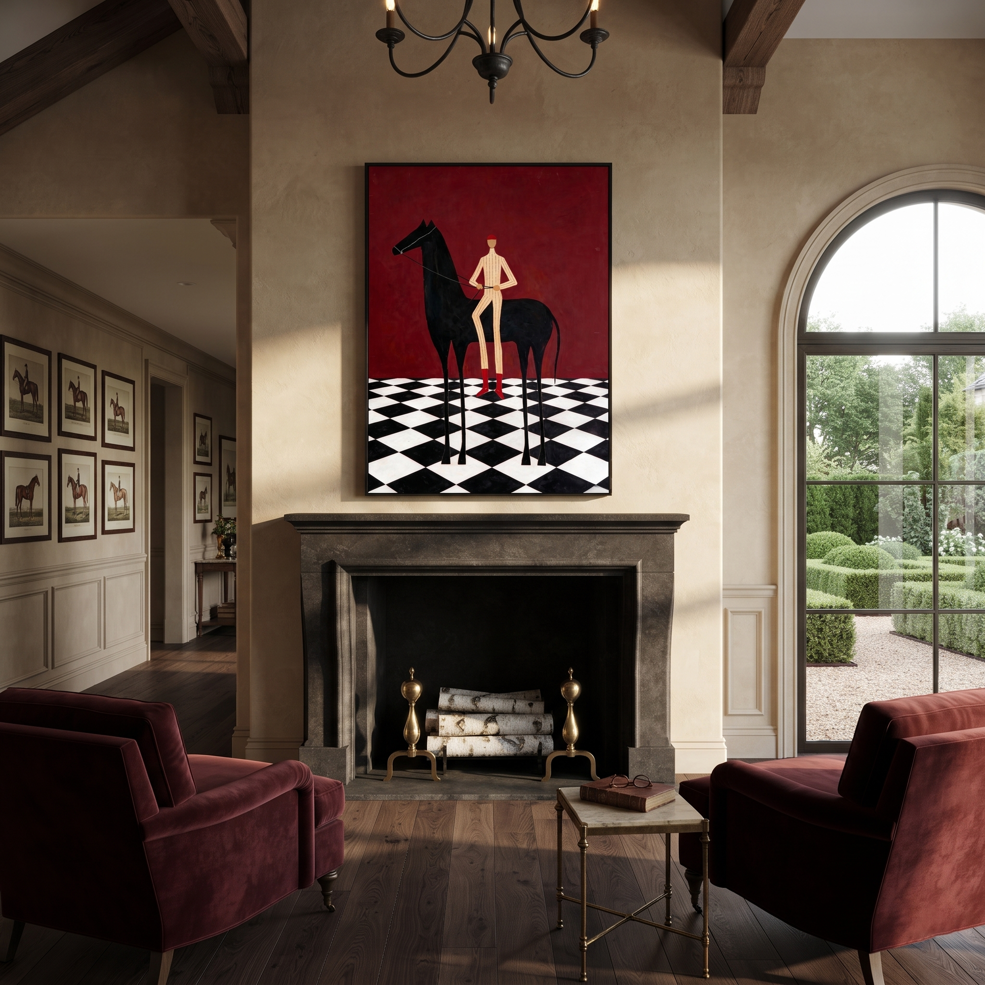Red Boots Cross Checks - black horse and figure painting by Isabelle Laurent, modern Western vertical wall art – styled room scene view 3