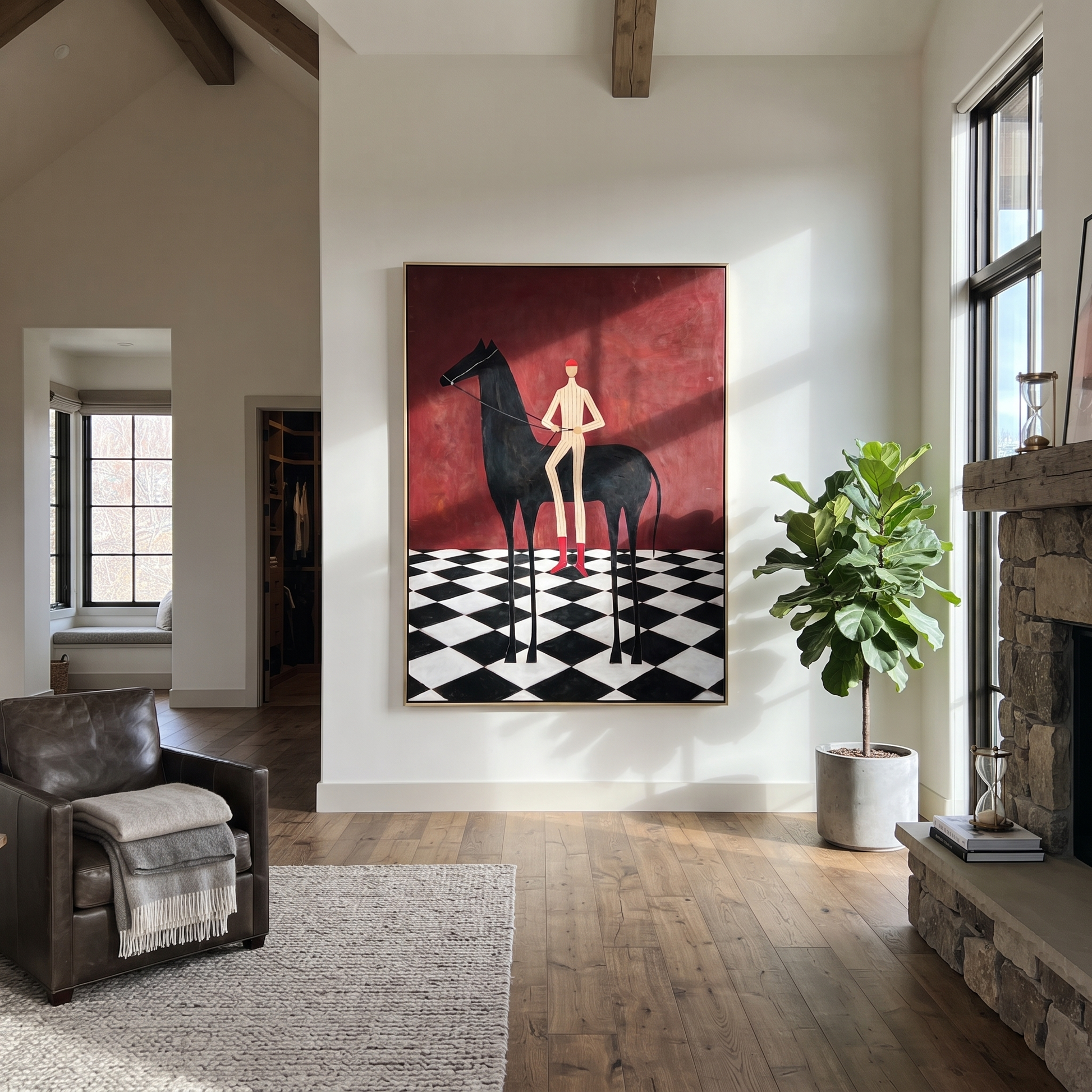 Red Boots Cross Checks - black horse and figure painting by Isabelle Laurent, modern Western vertical wall art – styled room scene view 5